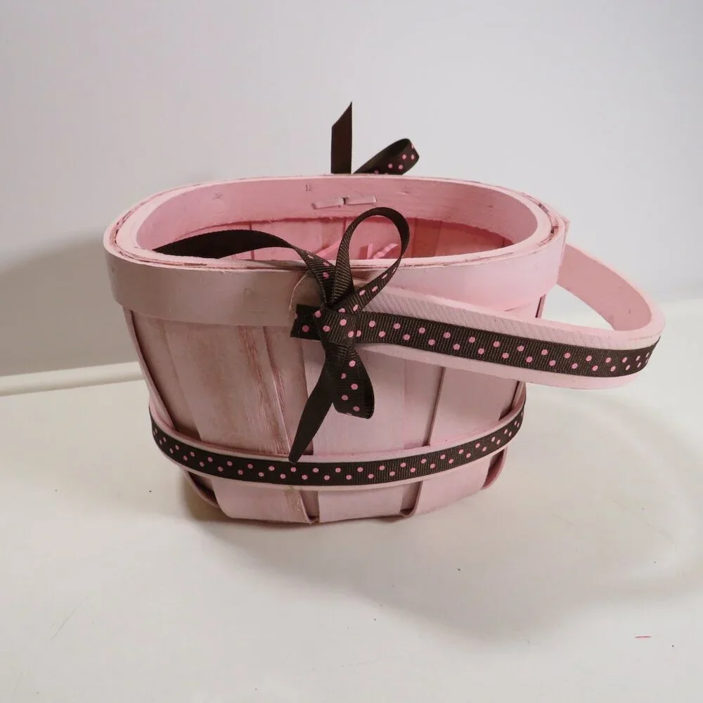all wood basket pink with brown polka dot ribbon Berry Basket Easter Pastel